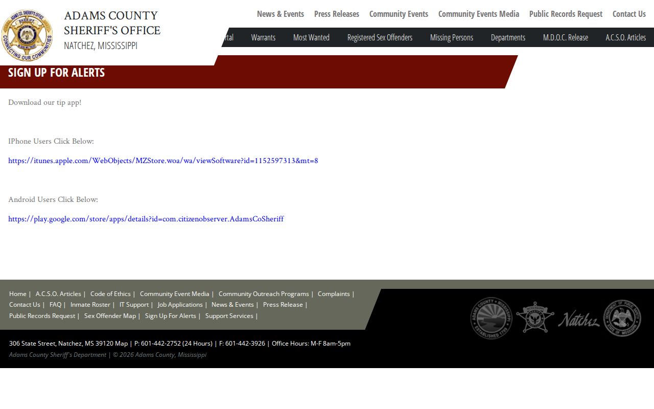 Adams County Sheriff’s Office official crime alert and tip app page
