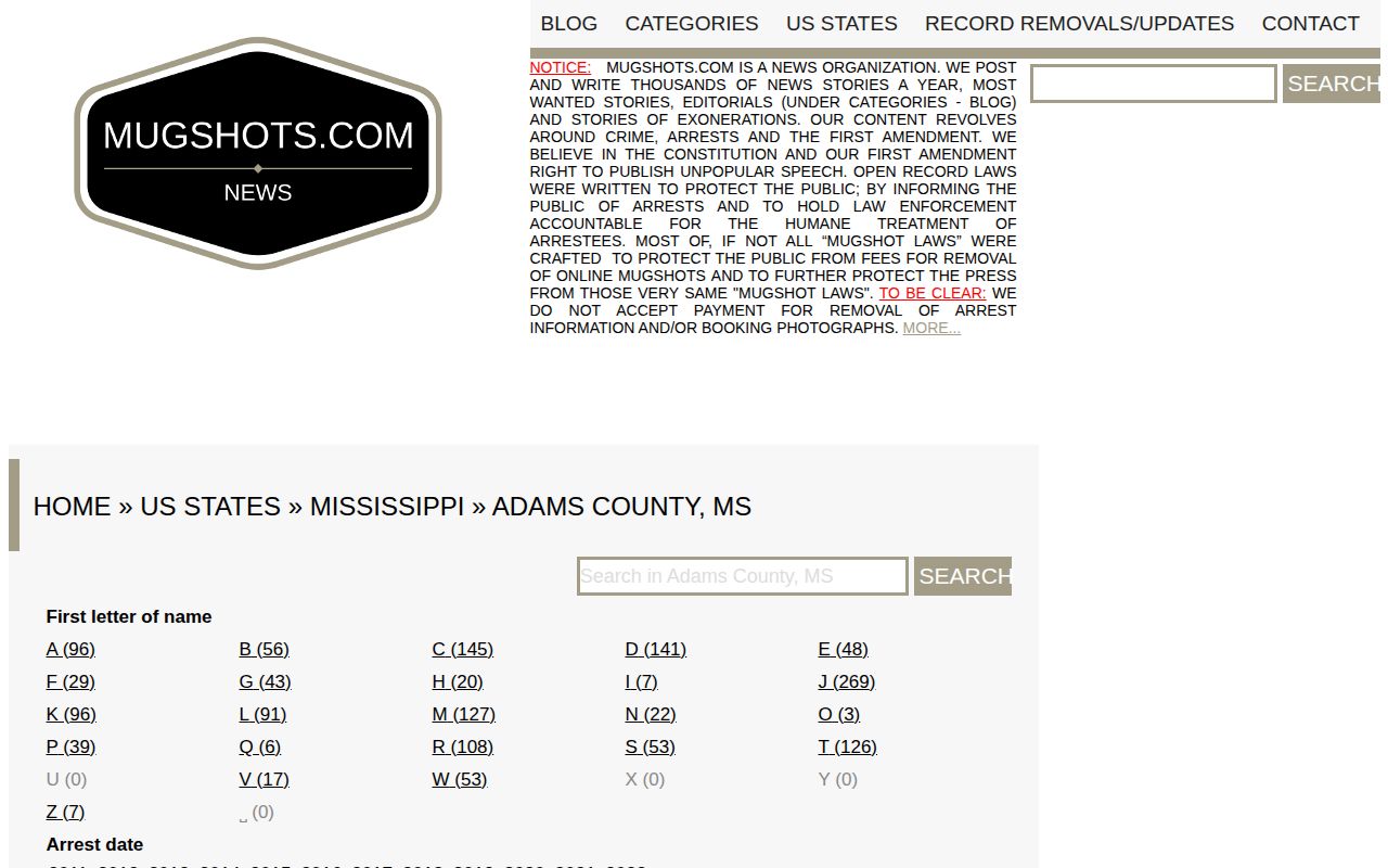 Adams County Mugshots.com third-party news index interface